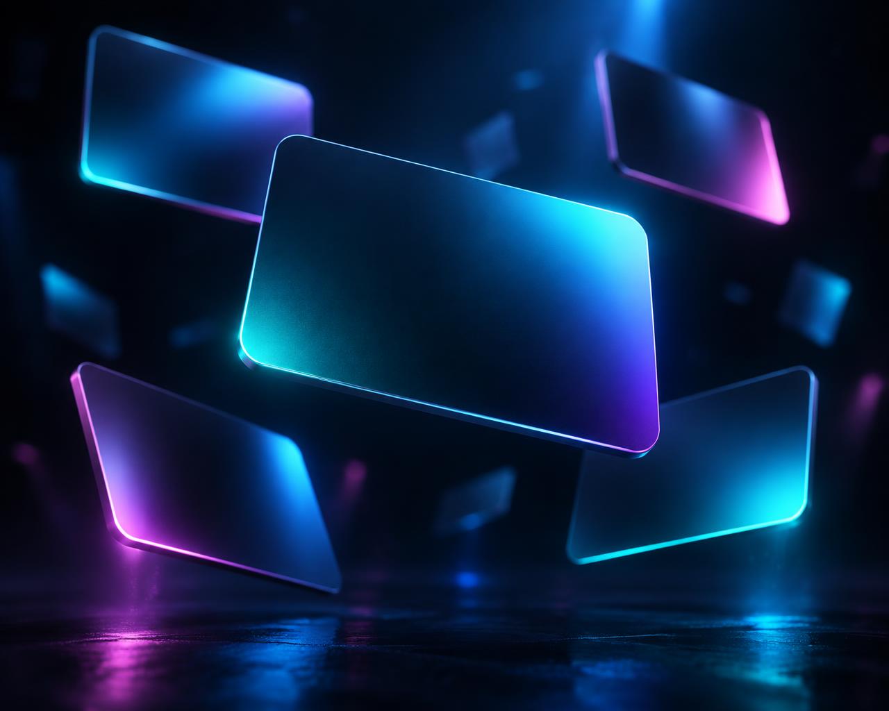 Floating digital gift cards lit with cyan and purple neon light